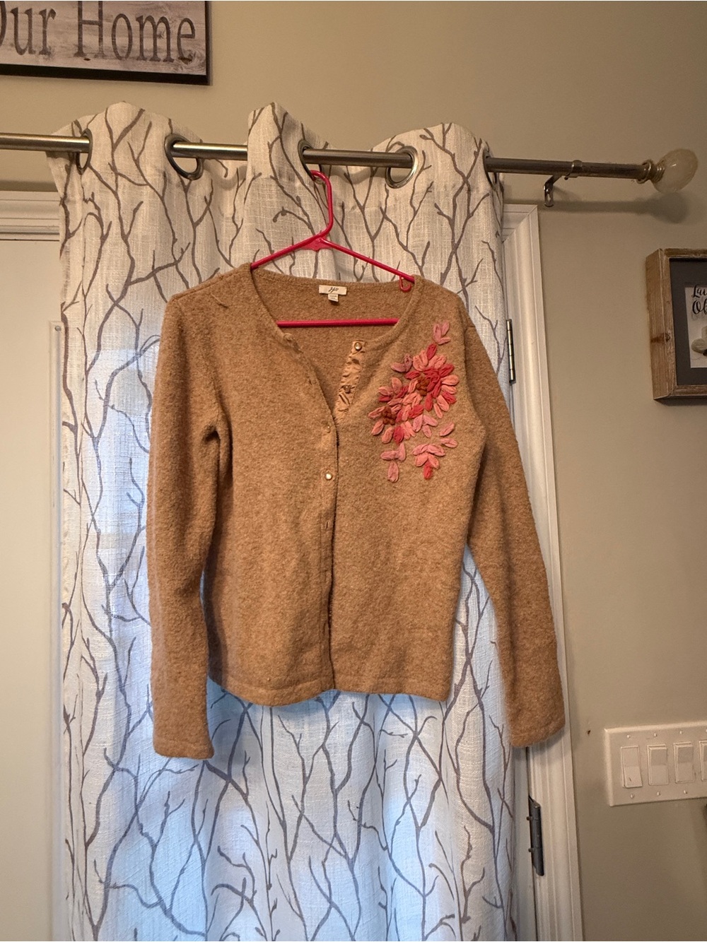 J. Jill Camel Knit Cardigan with Pink Floral Applique